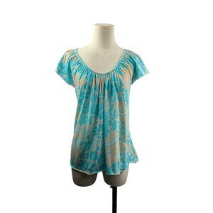 Old Navy Womens Floral Print Blouse Top S Blue & Beige Floral Pattern Short Slee